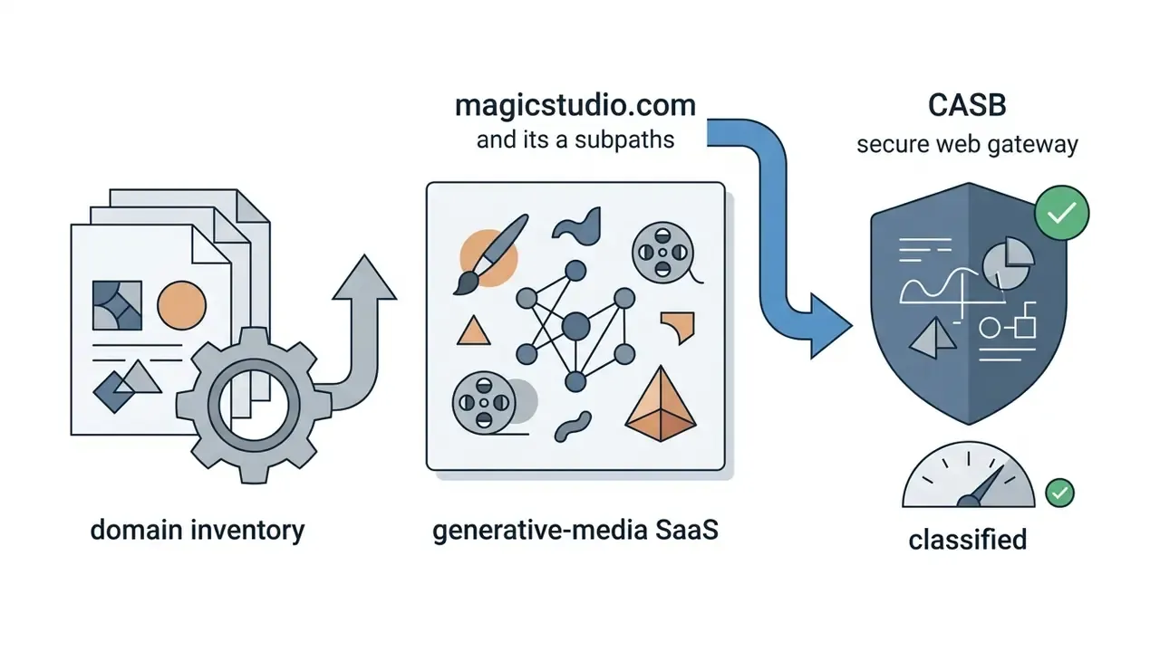 Process map showing domain inventory connecting to a generative media site and a CASB secure web gateway