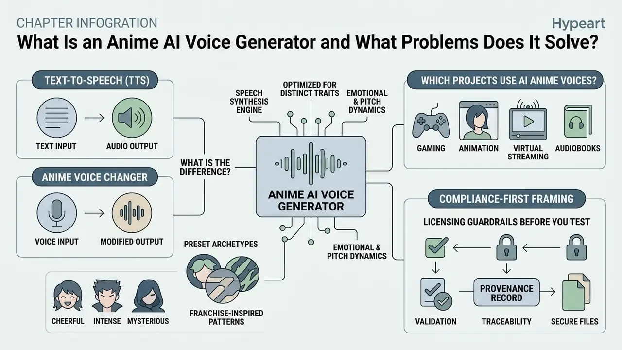 Infographic explaining how an anime AI voice generator works, its applications, and compliance standards