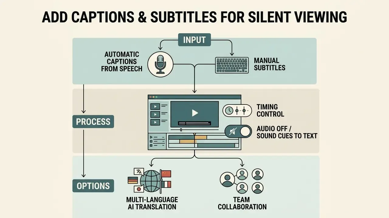 Flowchart showing how to add captions and subtitles for silent viewing using AI and manual tools