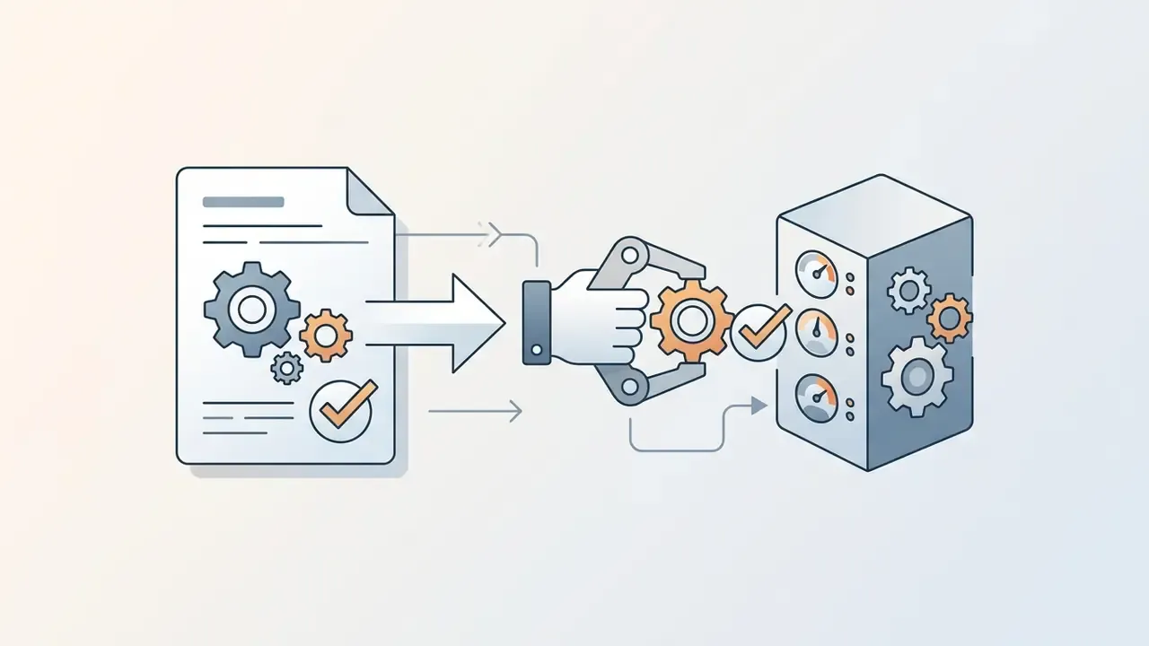 Mechanical hand moving a gear from a document toward a server with gauges and checkmarks
