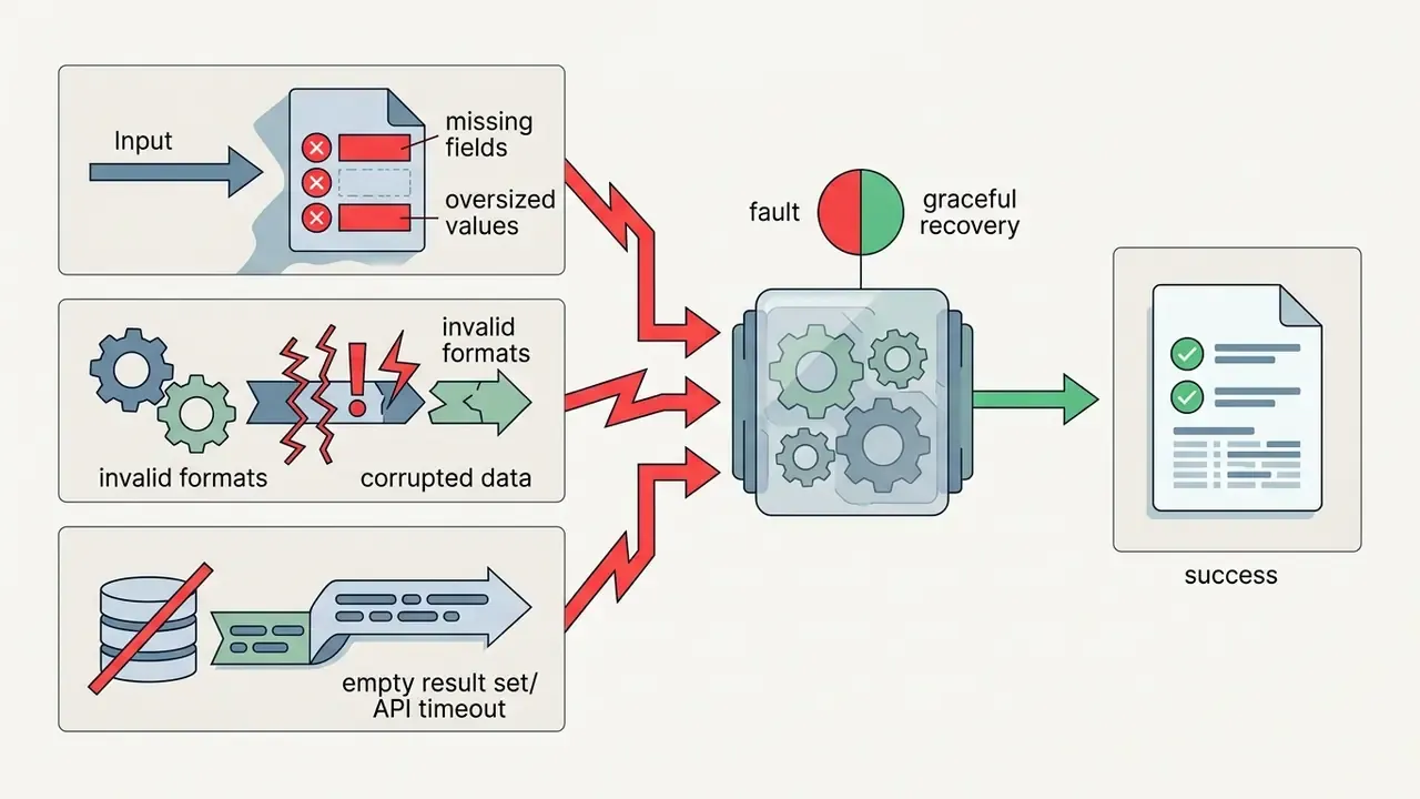 Process map showing various error inputs being processed by a central system to achieve graceful recovery