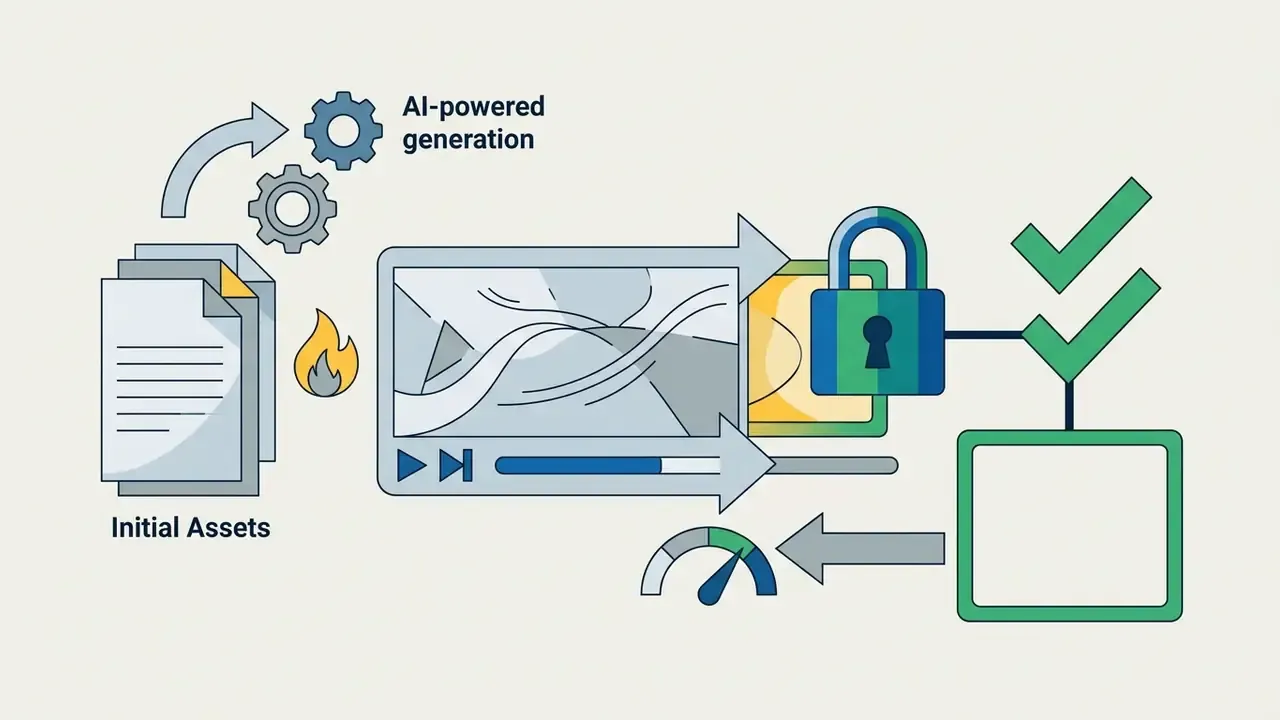 Assets flowing through AI generation into a locked frame with checkmarks and a status gauge