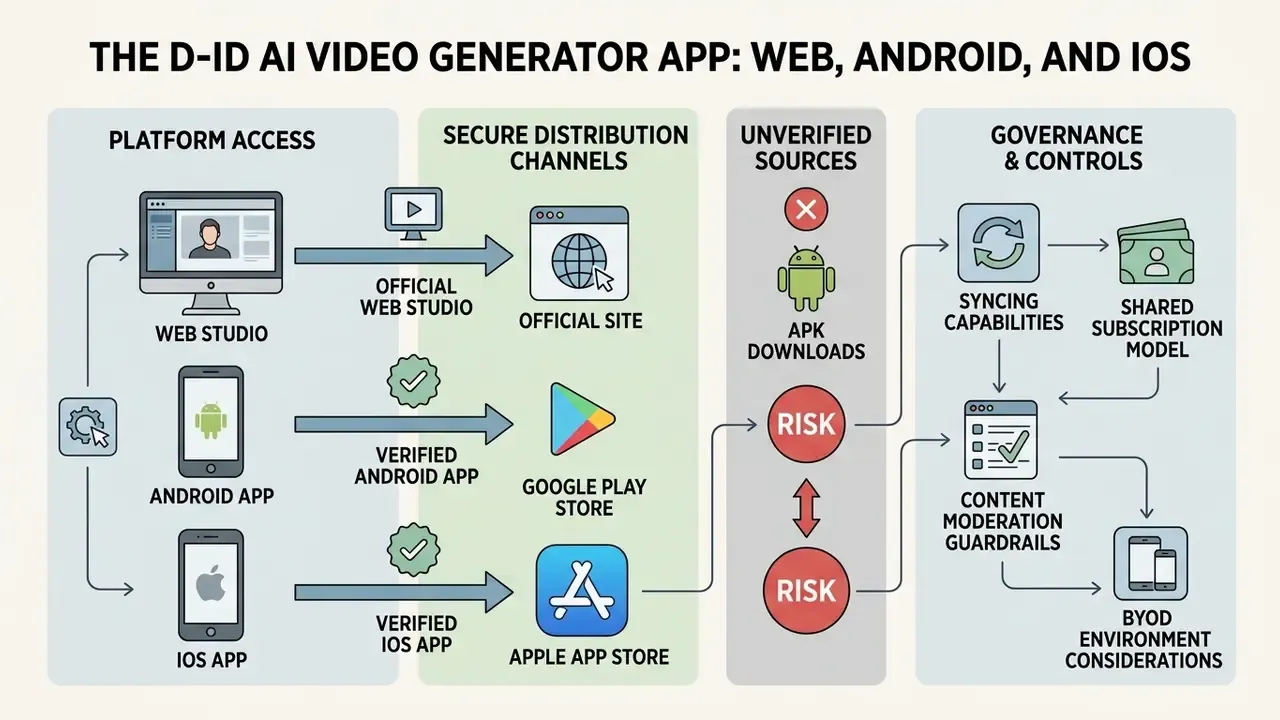 Flowchart comparing official mobile and web app distribution channels against risky third-party sources