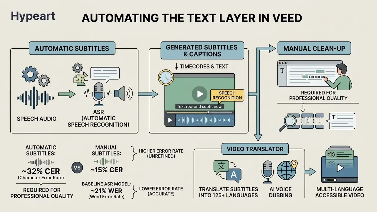 Flowchart illustrating automatic subtitle generation, manual editing, and multi-language video translation