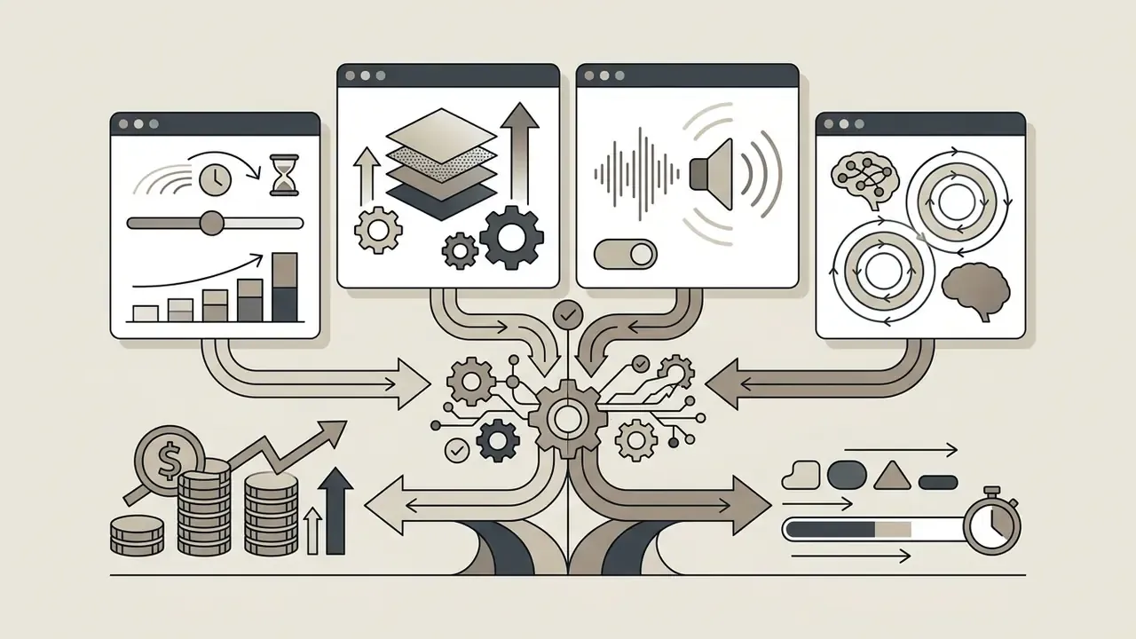 Icons representing duration, quality, audio, and reasoning passes feeding into a central processing hub