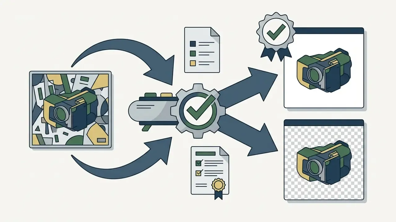 Processing steps transforming a cluttered product image into clean white and transparent background files