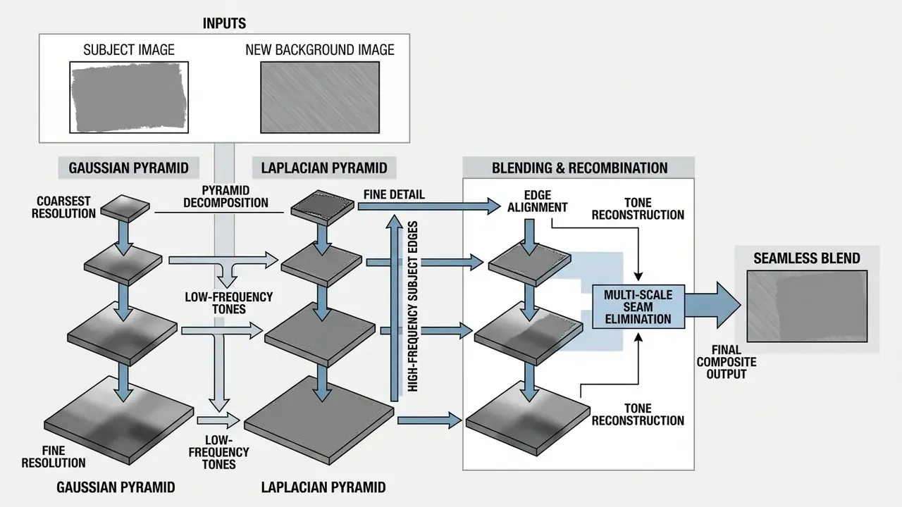 Diagram showing Laplacian pyramid blending to merge subject edges and background tones into a seamless image