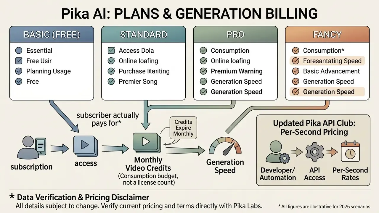Chart comparing four Pika AI subscription tiers and explaining how monthly video credits function