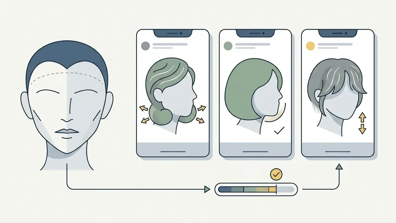 Heart face outline showing hairstyle options on smartphones with arrows indicating volume and length