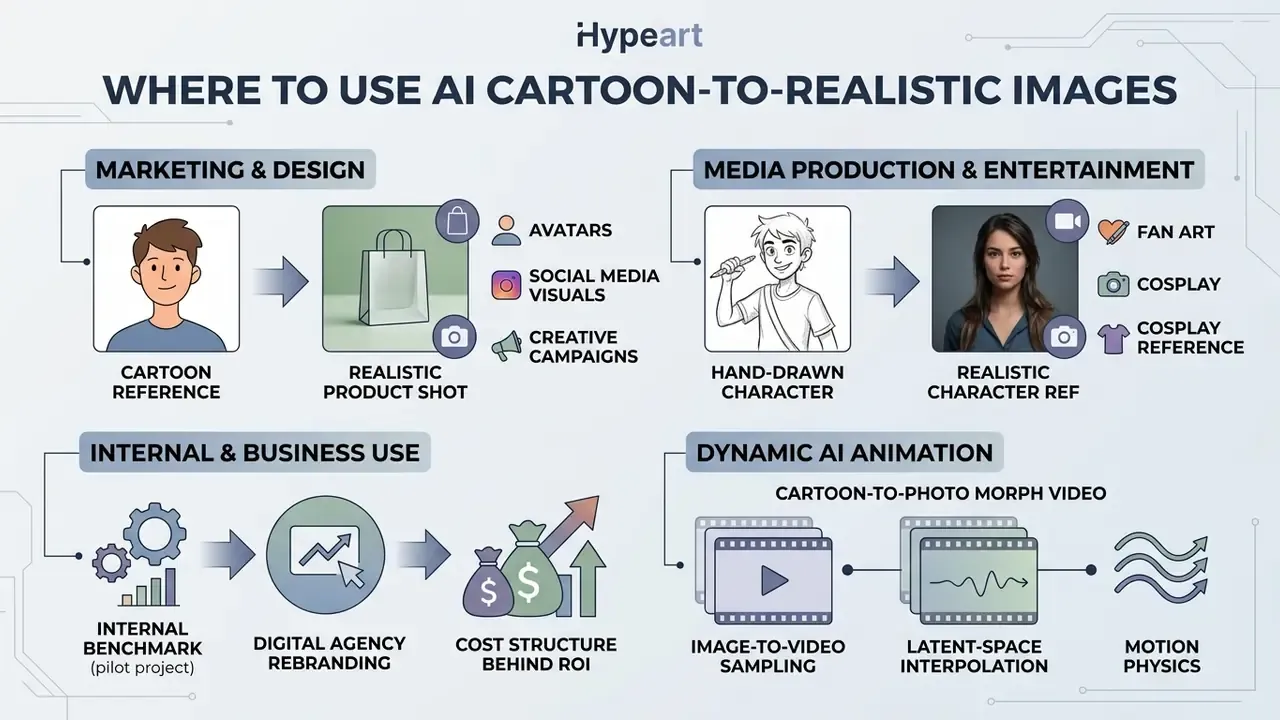 Overview of business applications for AI image conversion across marketing, media, and internal projects