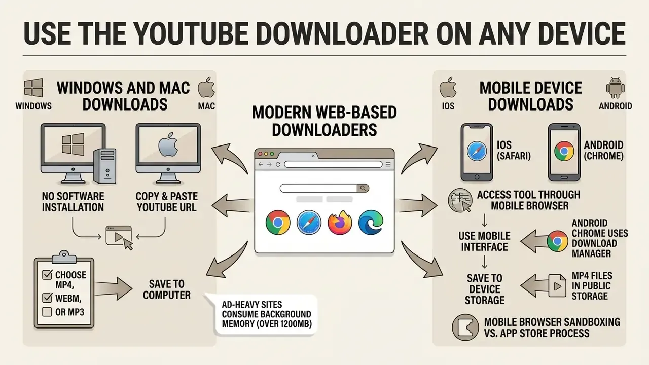 Web browser interface showing cross-platform compatibility for saving media on desktop and mobile devices
