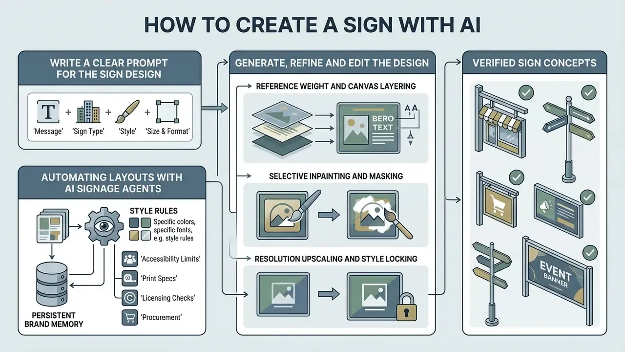 Step by step process showing how to prompt, refine, and automate digital designs for physical signage