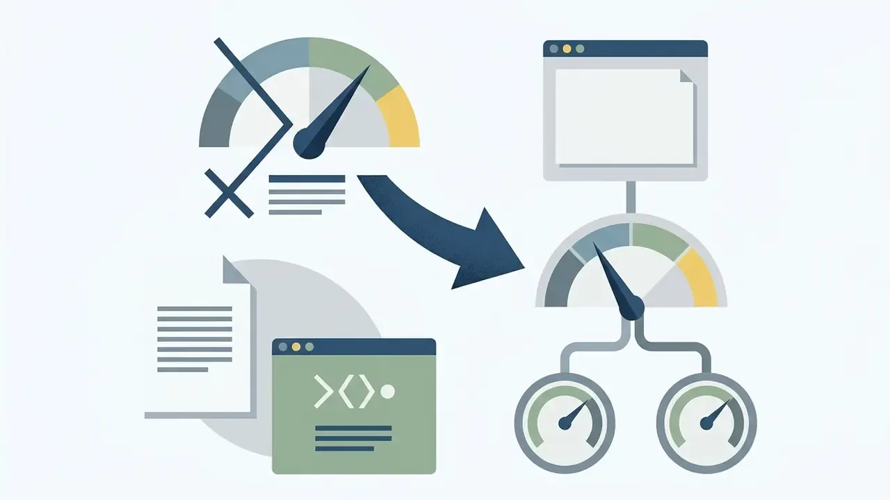 Speedometer icons and document windows connected by an arrow representing technical benchmark updates