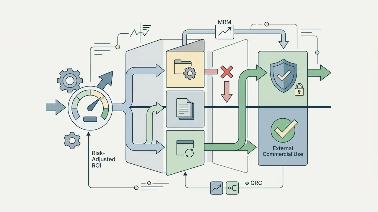Flowchart showing data inputs filtered through usage tiers to determine eligibility for commercial output