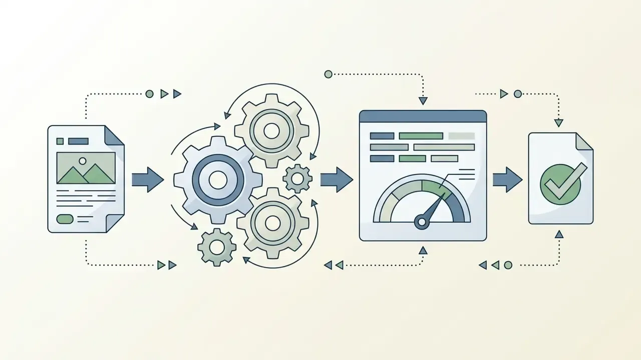Sequence of a document entering a gear system to be analyzed by a gauge and output as a verified file