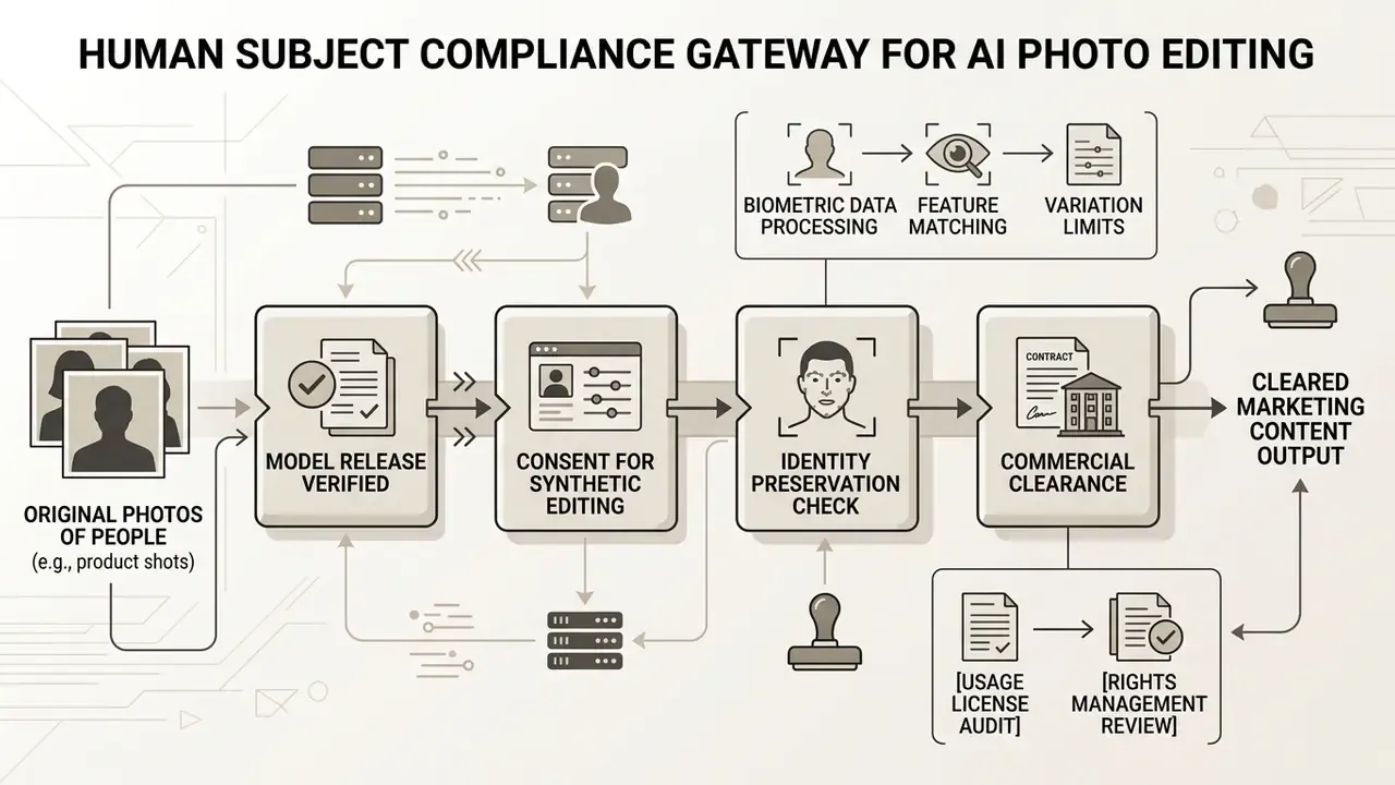 Sequential process steps for verifying model releases, consent, identity preservation, and commercial clearance