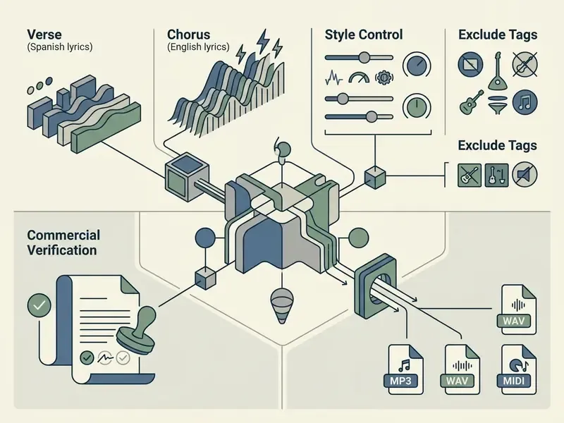 Diagram showing an ai song maker processing lyric inputs, style settings, and tags into final audio file formats
