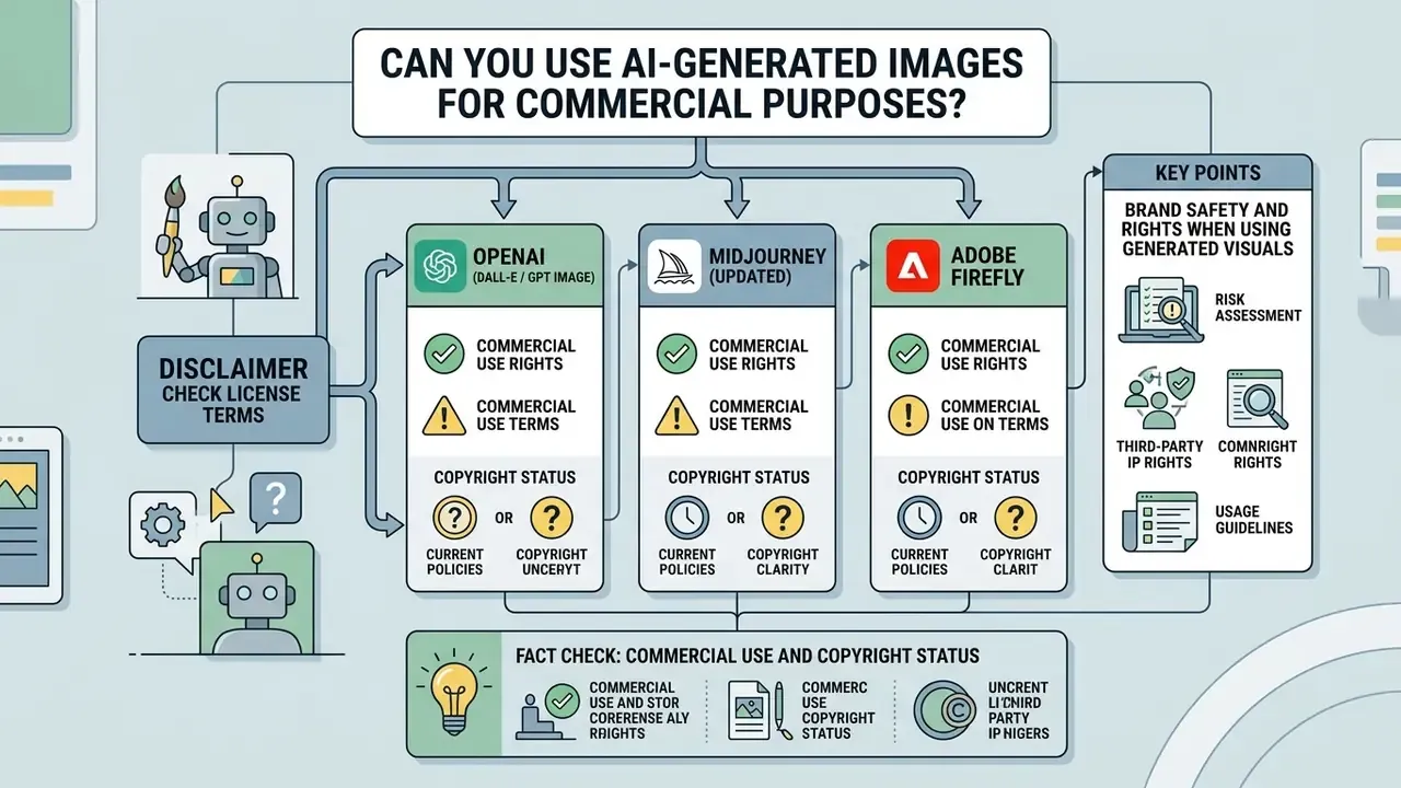 Flowchart outlining commercial use rights, copyright status, and key legal considerations for AI platforms