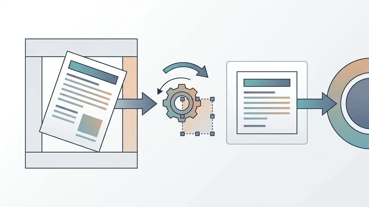 A tilted document being rotated and cropped by a gear mechanism before being processed