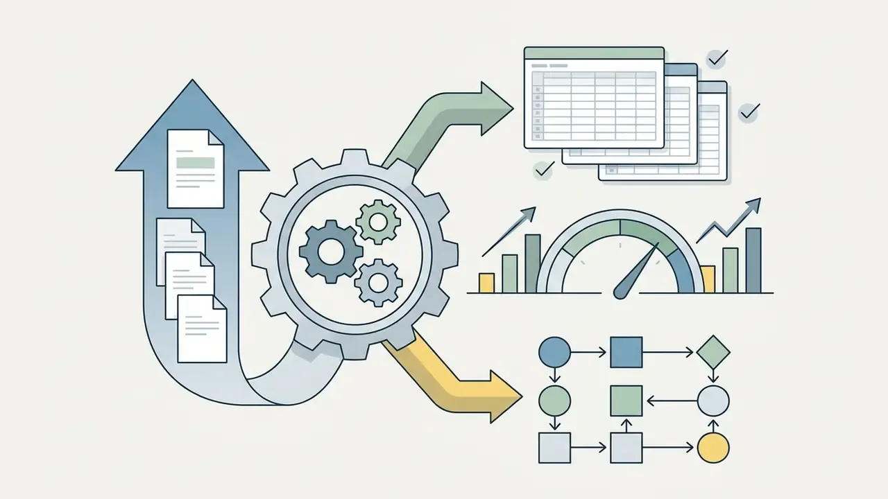 Documents feeding into a central gear mechanism that outputs spreadsheets, performance charts, and workflows
