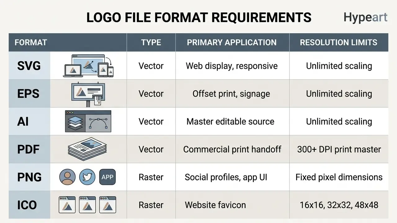 Table comparing common logo file formats by type, primary application, and resolution limits