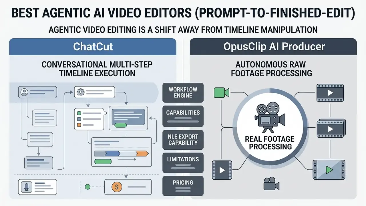 Comparison of ChatCut and OpusClip AI Producer showing autonomous video editing workflows and features