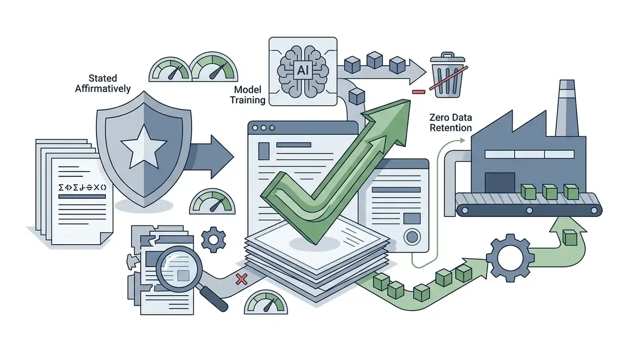 Shield icon protecting documents from AI model training and ensuring zero data retention in a factory workflow