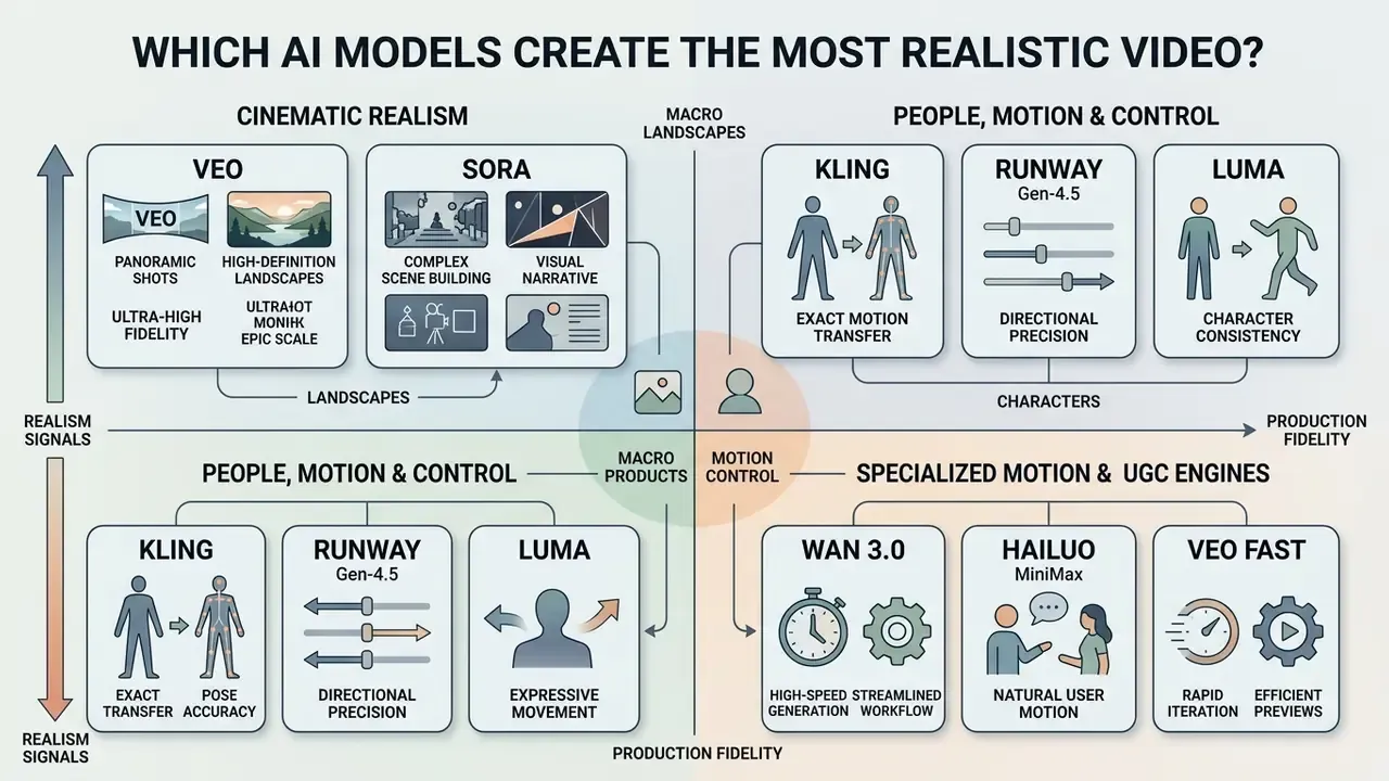 Quadrant chart categorizing AI video models by cinematic realism, motion control, and production fidelity