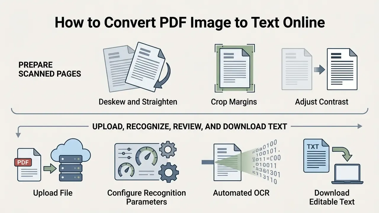 Flowchart outlining steps to prepare files and use OCR to convert a PDF image to text online