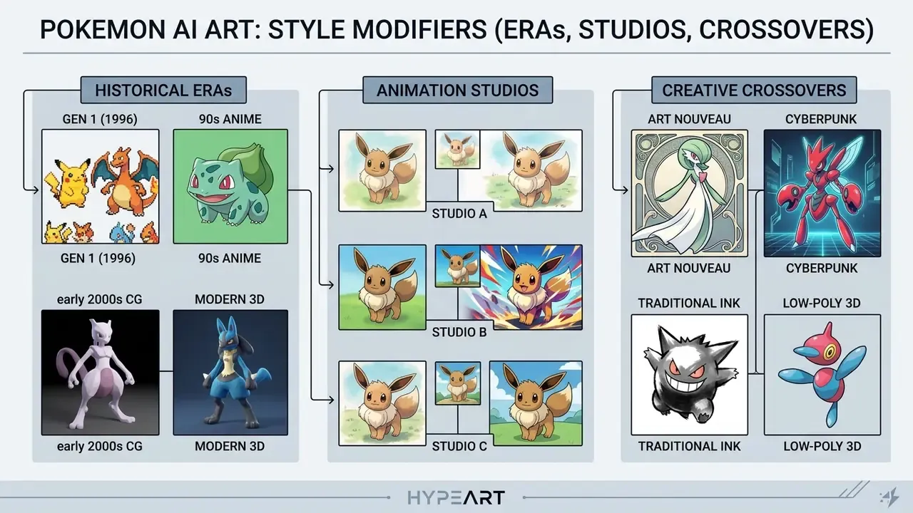 Grid comparing Pokémon AI art styles categorized by historical eras, animation studios, and crossovers