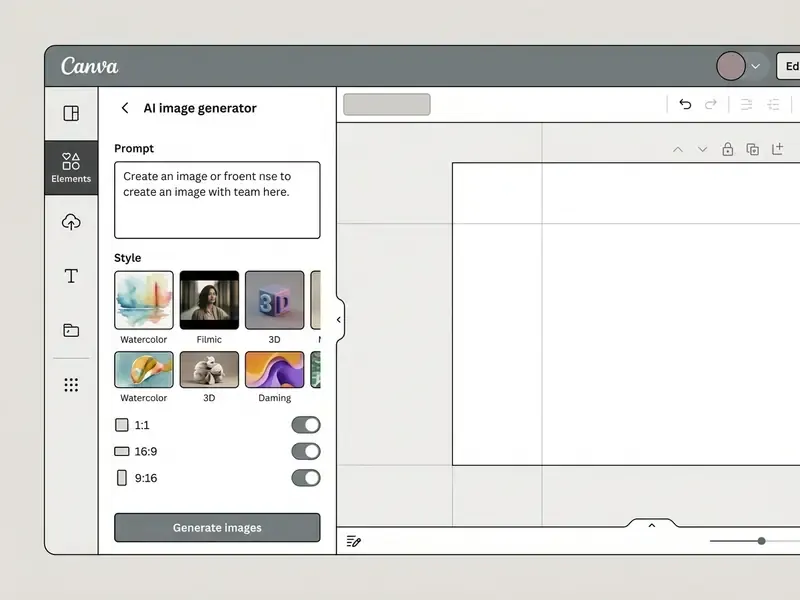 Canva sidebar featuring text prompt box, style thumbnails, and aspect ratio toggles for AI generation