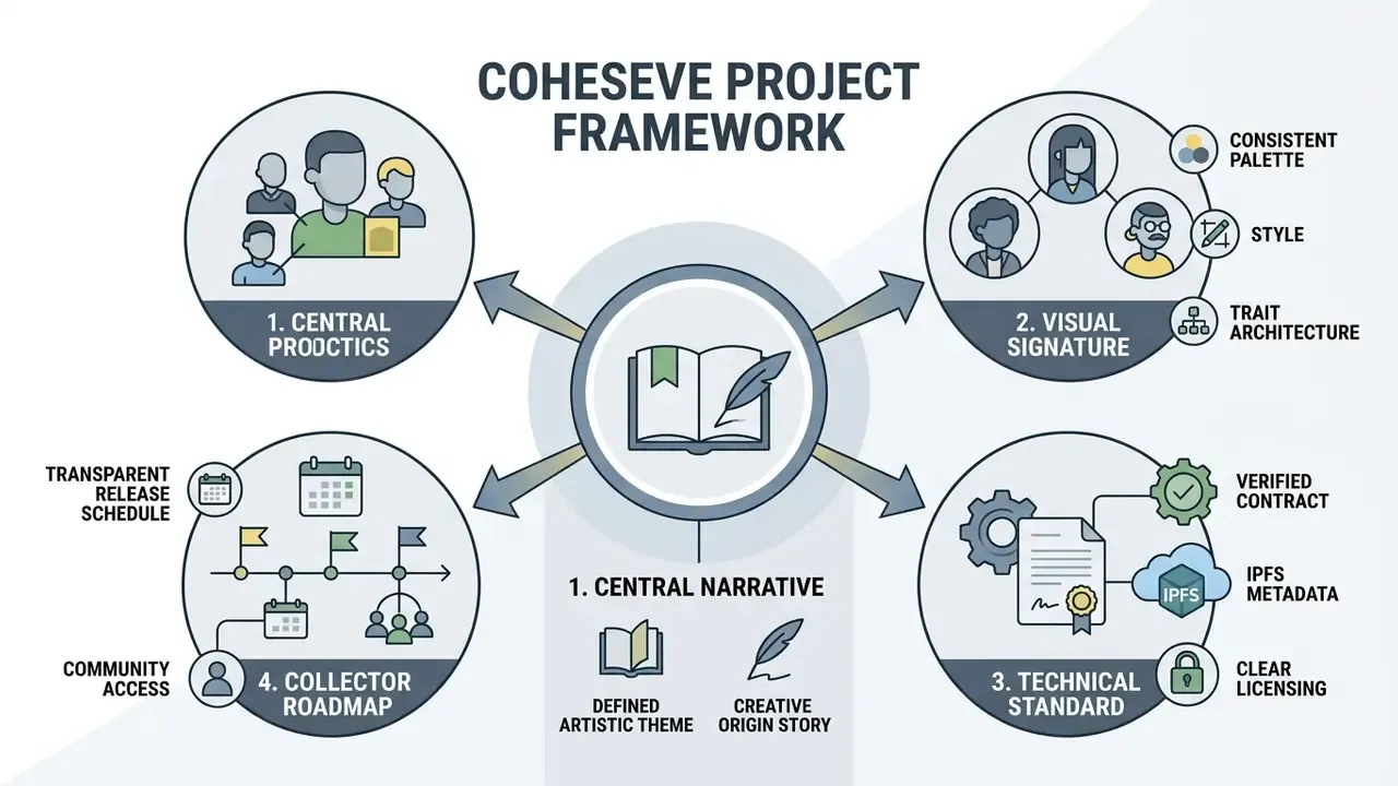 Four interconnected circles surrounding a central book icon to illustrate a cohesive NFT project framework