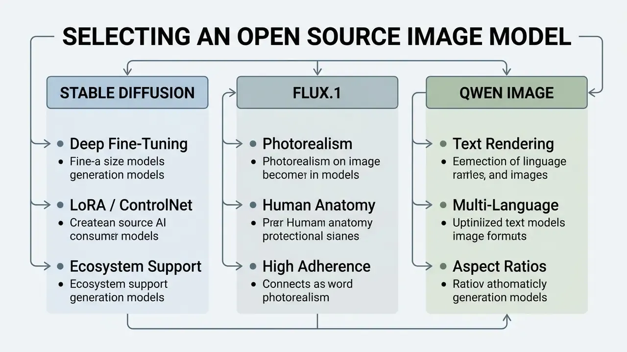 Comparison table listing features for Stable Diffusion, FLUX.1, and QWEN IMAGE generation models