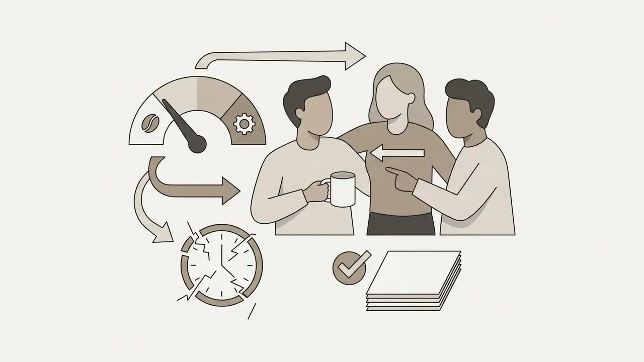 Three people talking near a coffee gauge, a broken clock icon, and a stack of papers with a checkmark