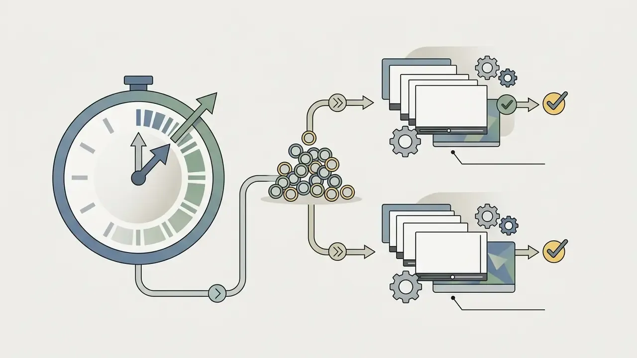 Timer icon connected to a pile of coins flowing into two separate computer screens for task processing