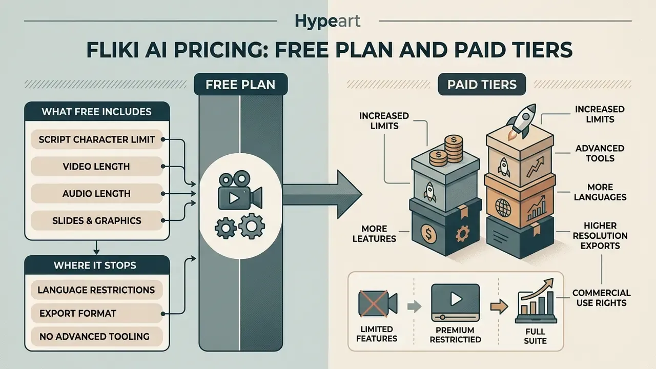Comparison chart outlining Fliki AI features included in the free plan versus the paid subscription tiers