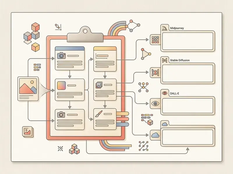 Clipboard with interconnected boxes mapping visual data to specific generative AI model categories