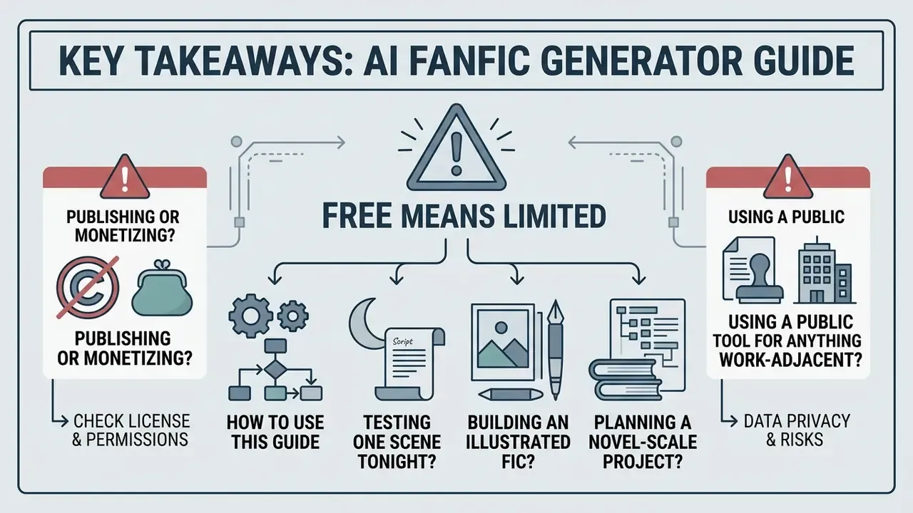Infographic outlining limitations of a free AI fanfic generator through icons and project considerations