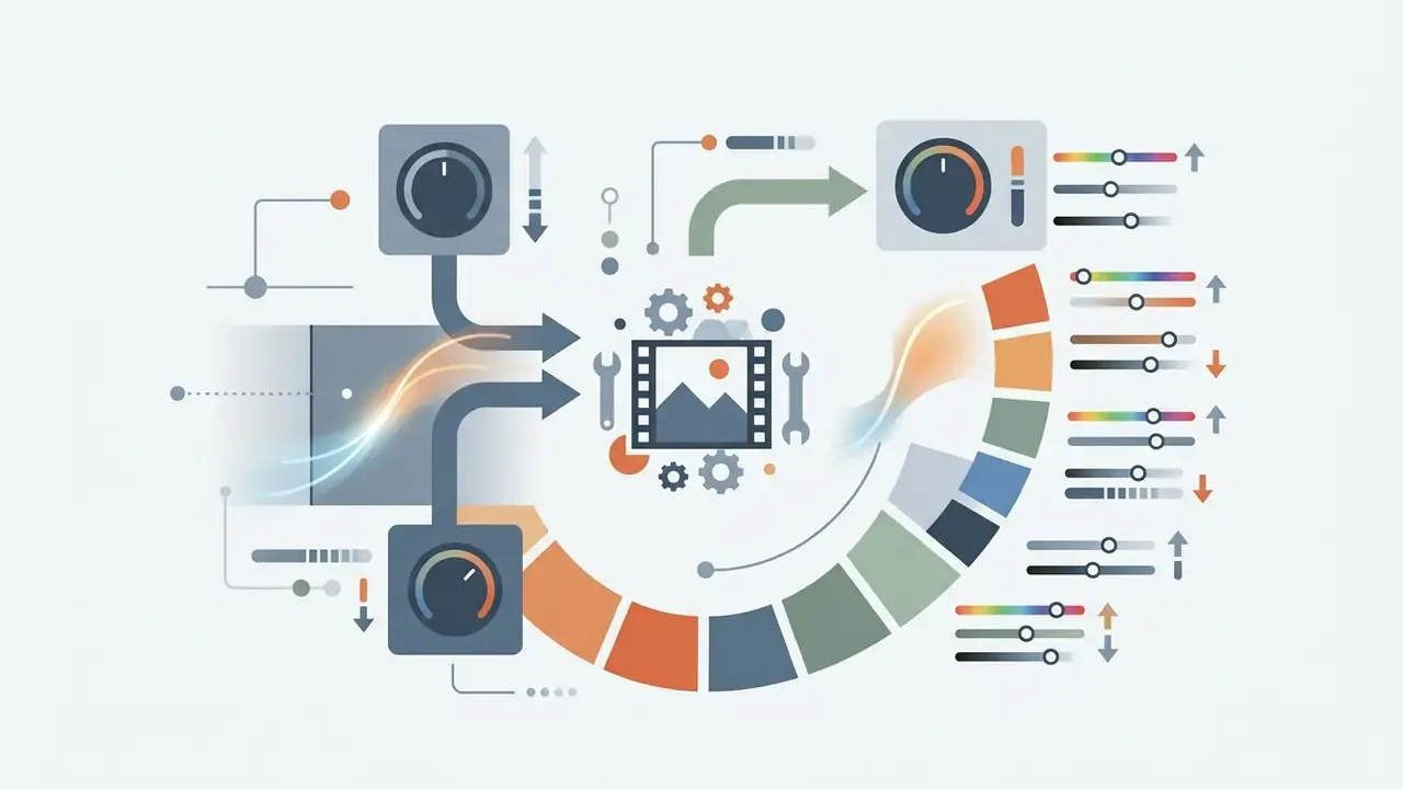 Control knobs and sliders connected to a central image icon surrounded by a circular colour spectrum