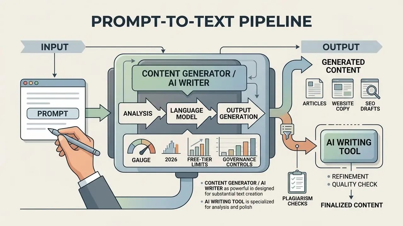 Flowchart depicting the prompt-to-text pipeline from initial input to AI content generation and refinement