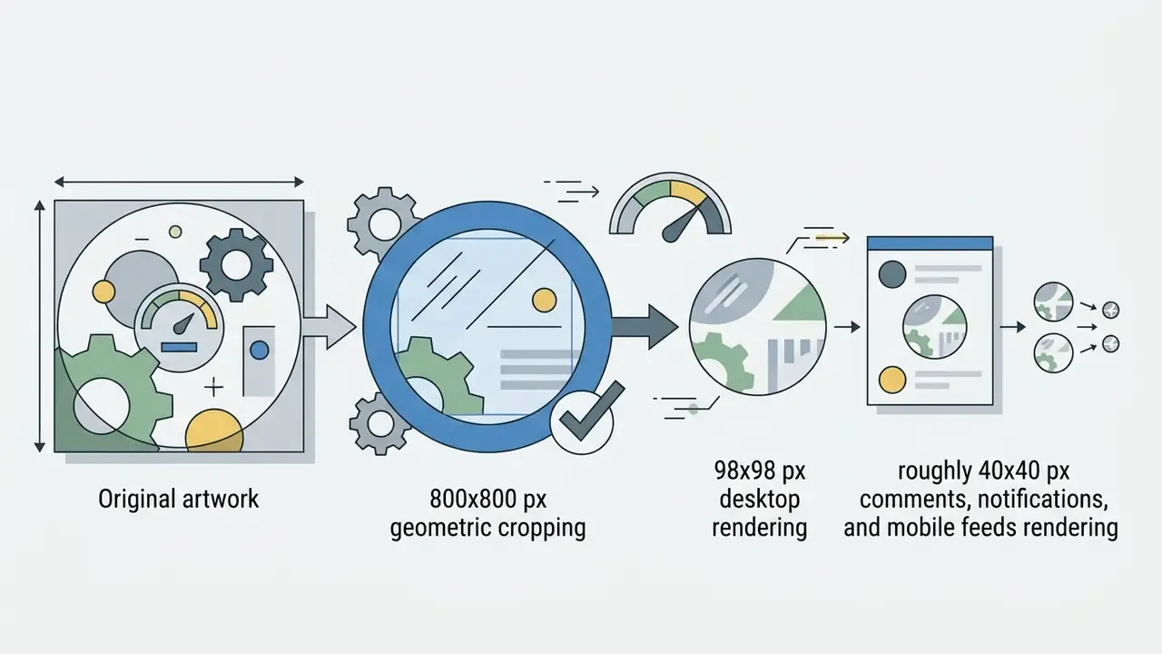 Process flow showing original artwork being cropped and scaled for various platform display sizes