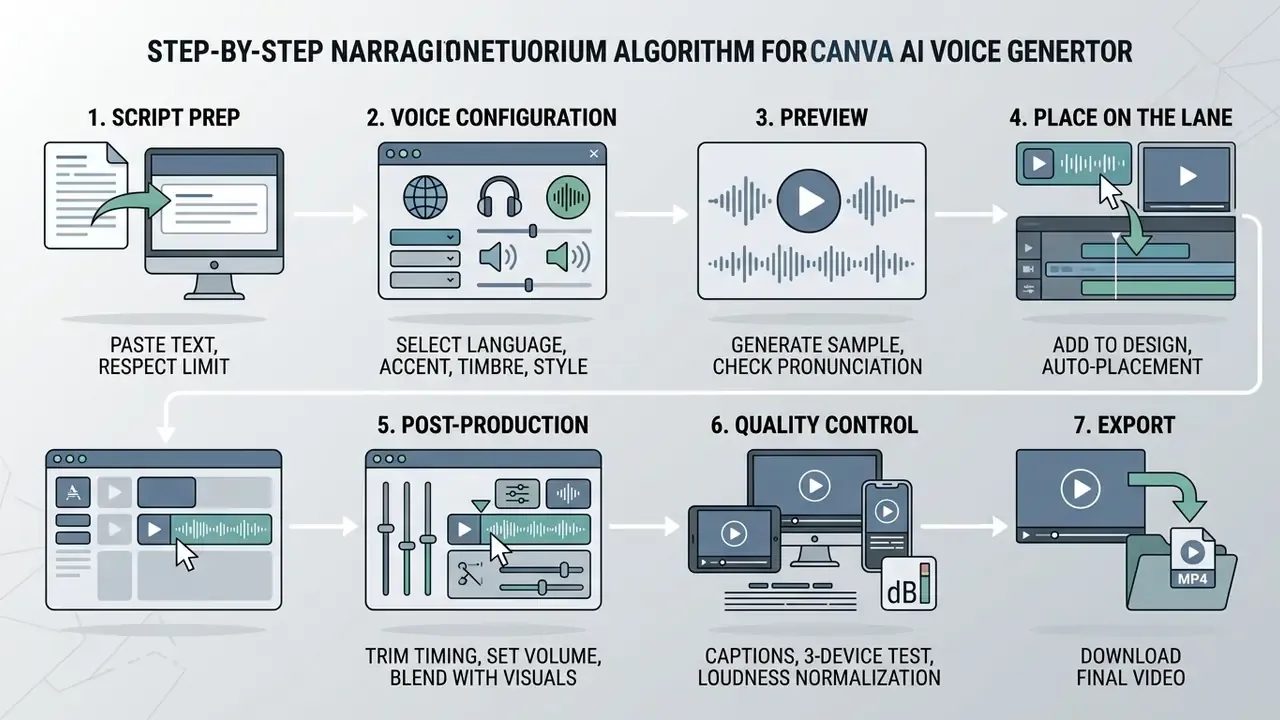 Flowchart outlining seven sequential steps for using the Canva AI voice generator from script to export