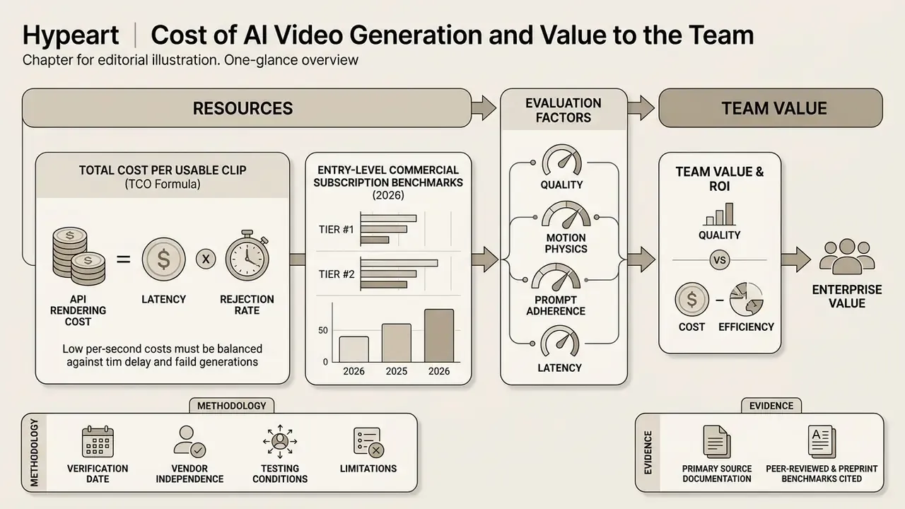 Diagram showing the formula for AI video generation costs, evaluation factors, and resulting team value