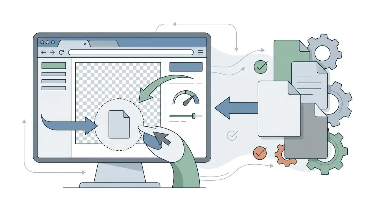 A hand dragging a file into a web browser editor with gears and document icons representing processing