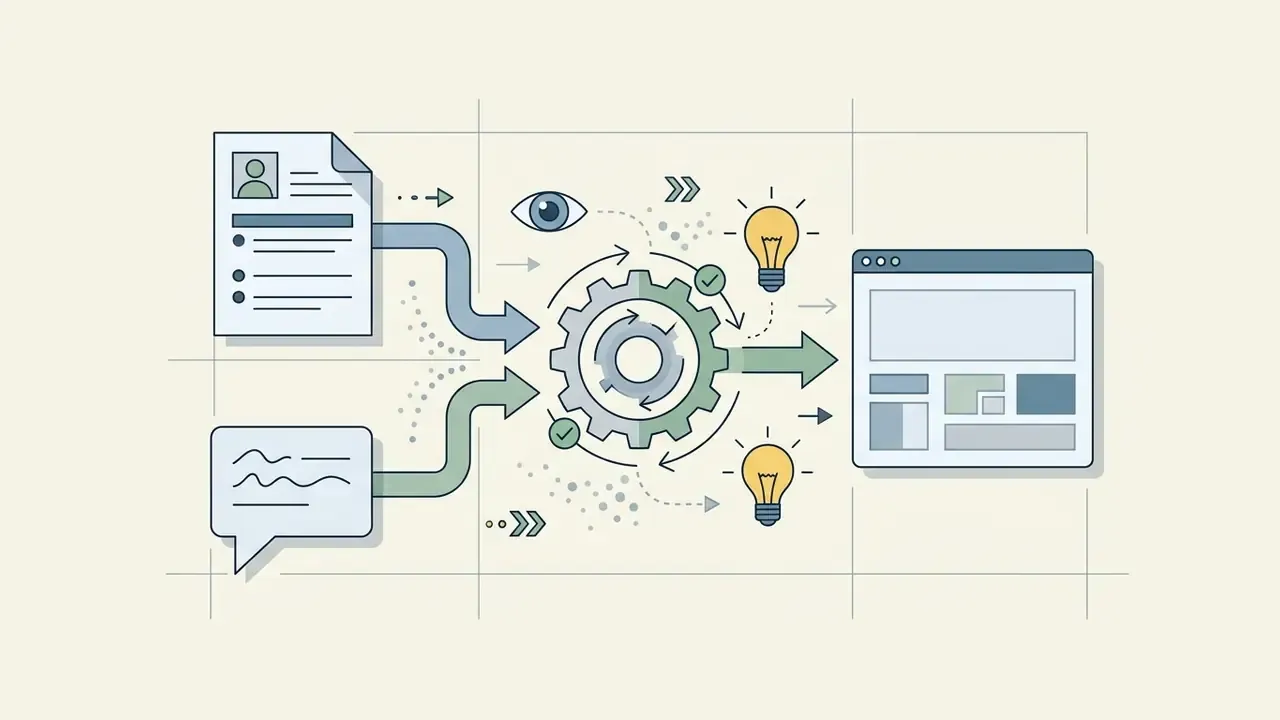 Resume and text prompt inputs feeding a central gear mechanism to output a website layout