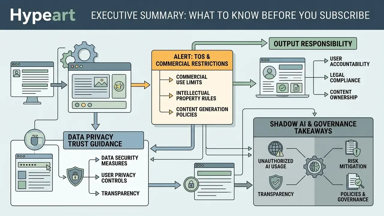 Flowchart outlining subscription considerations for AI tools including data privacy and governance