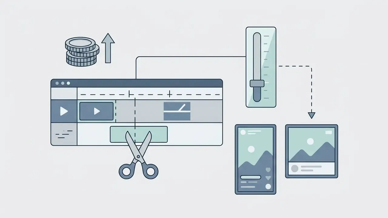 Scissors cutting a video timeline connected to a slider and social media post templates