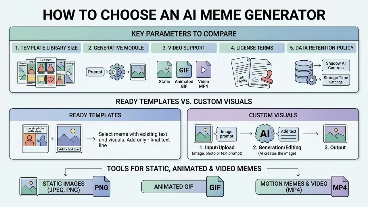 Infographic comparing five key parameters for choosing an AI meme generator including templates and formats