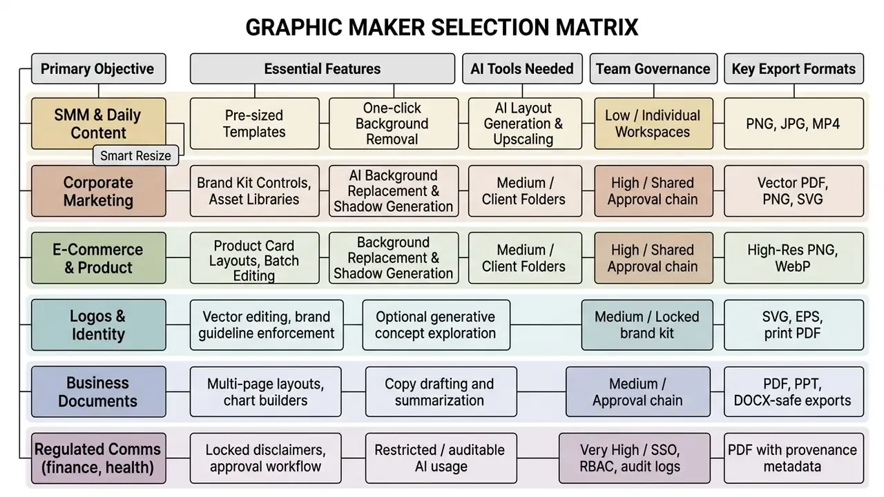 Matrix mapping design objectives to essential features, AI tools, team governance, and export formats
