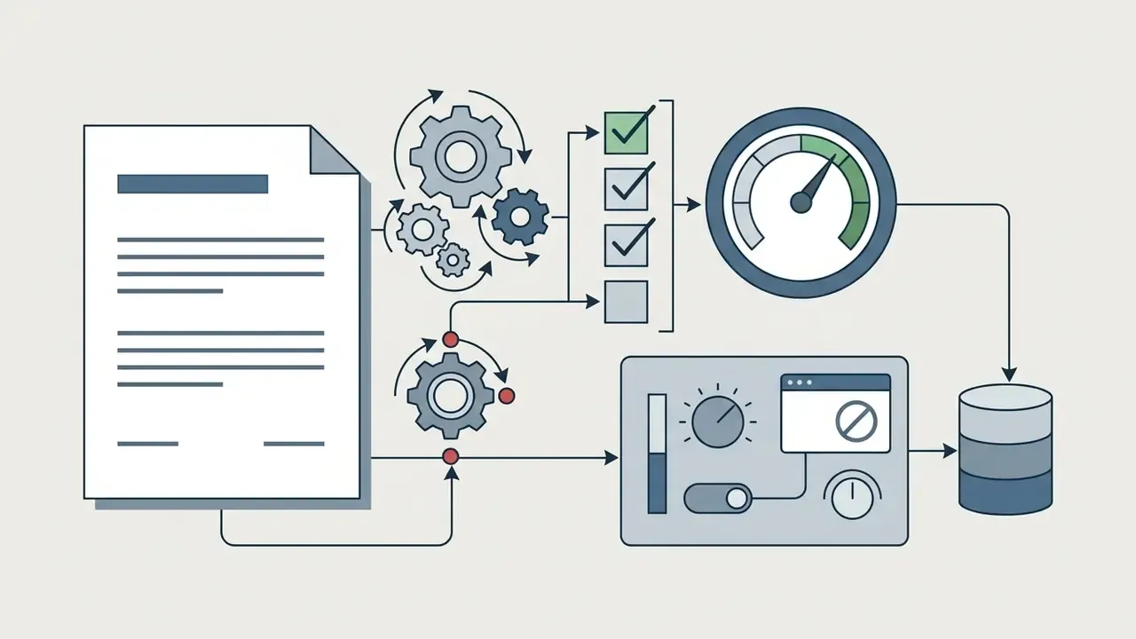 Document passing through gears and a checklist to a gauge and control panel before reaching a database